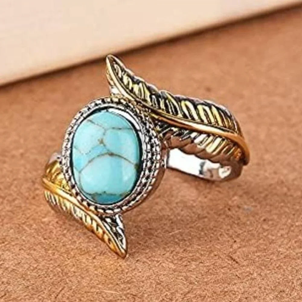 Silver Turquoise Feather Ring Womens Silver‎ Gold Plated Party Wedding
